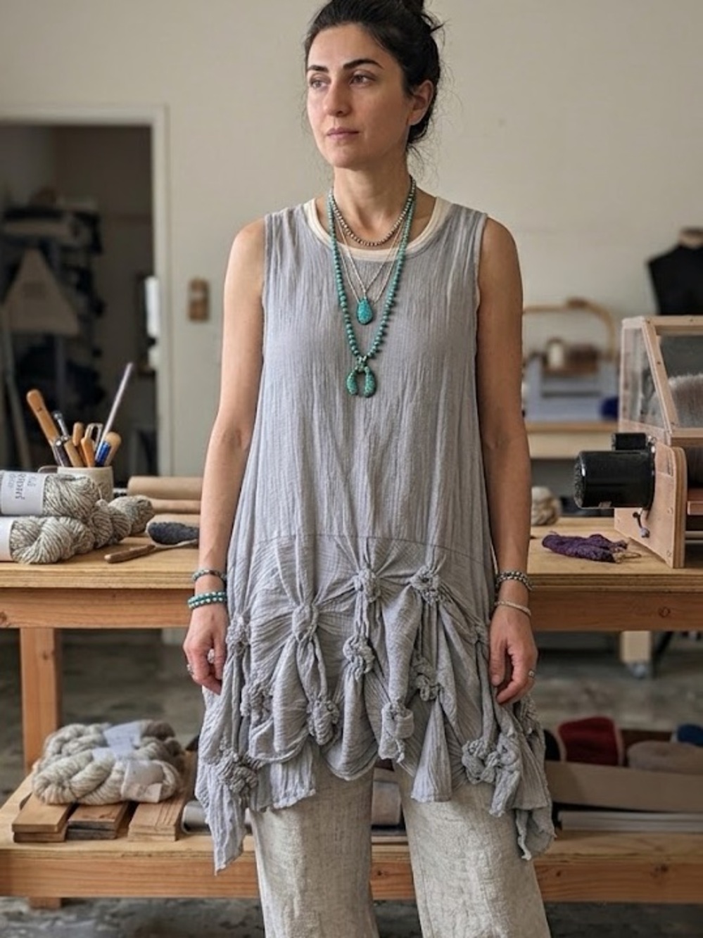 Dress To Kill Gray 100% Cotton Gauze Lagenlook Pick Up Hem Tunic Made in USA OS